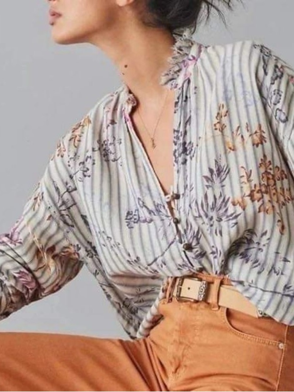 Pilcro Anthropologie Floral Striped Cotton Blouse M Boho Button Front Raw Edge